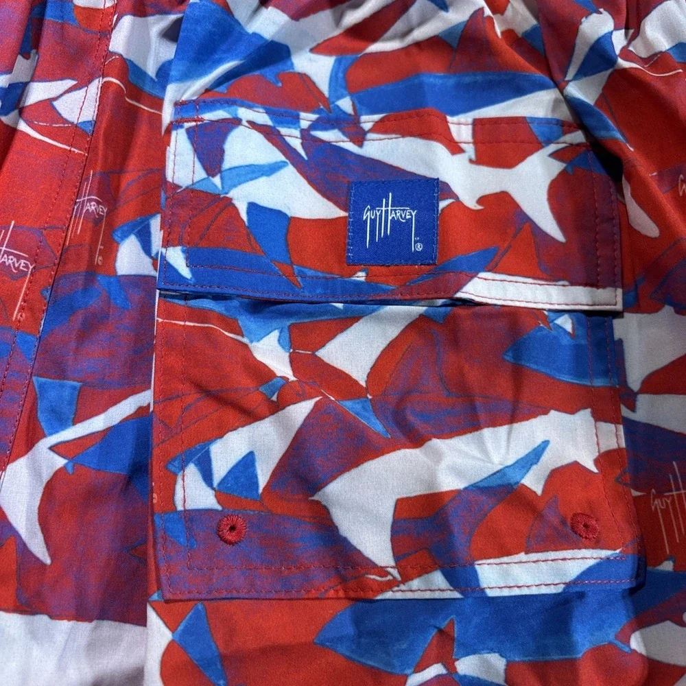 Guy‎ Harvey Shark Print Tie Waist Men's Swim Trunks Sz L. Red, White, Blue.
